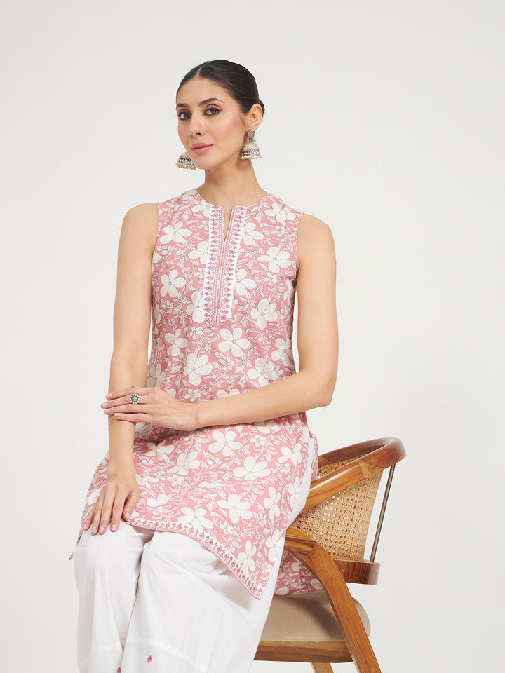Light Pink Floral Printed & Embroidered Pure Cotton Straight Kurta with Farshi Salwar