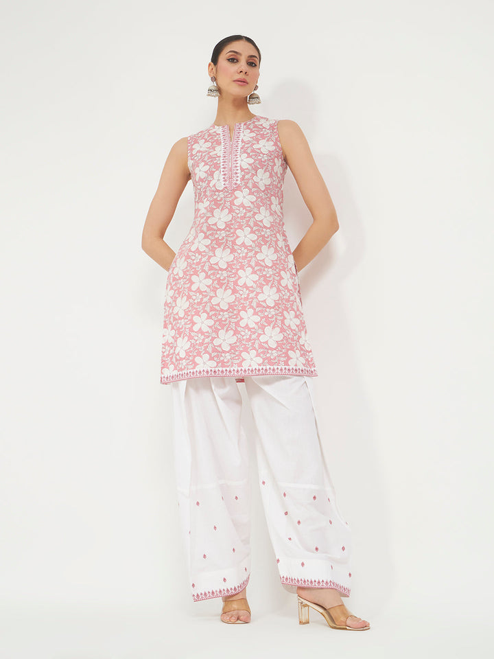Light Pink Floral Printed & Embroidered Pure Cotton Straight Kurta with Farshi Salwar