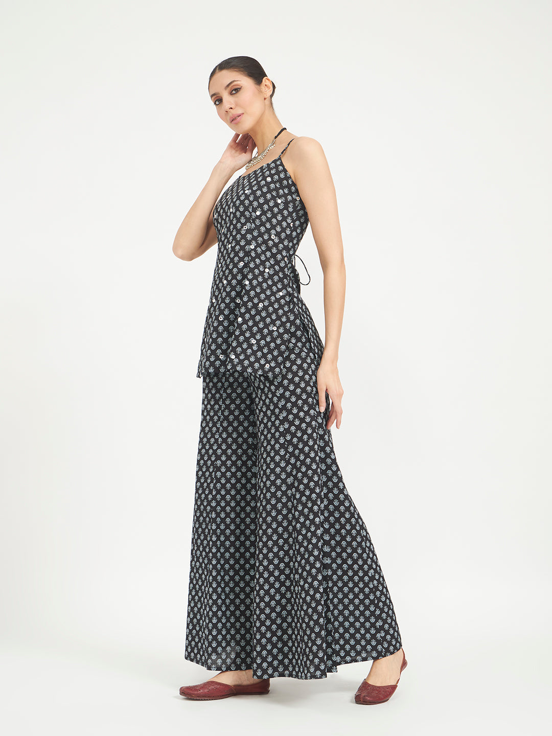 Black Floral Printed Pure Cotton Kurta with Palazzo