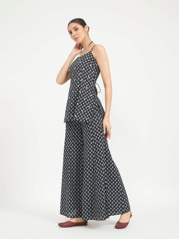 Black Floral Printed Pure Cotton Kurta with Palazzo