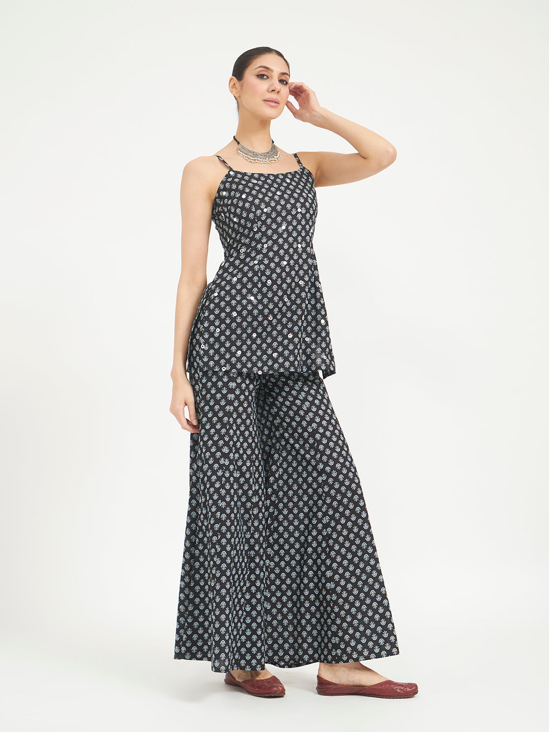 Black Floral Printed Pure Cotton Kurta with Palazzo