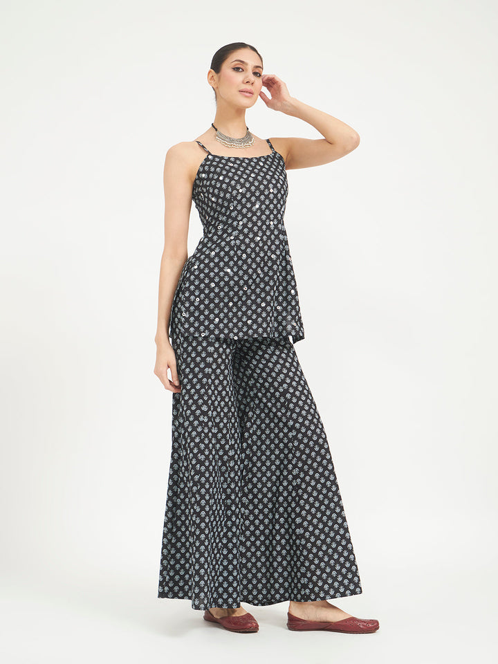 Black Floral Printed Pure Cotton Kurta with Palazzo