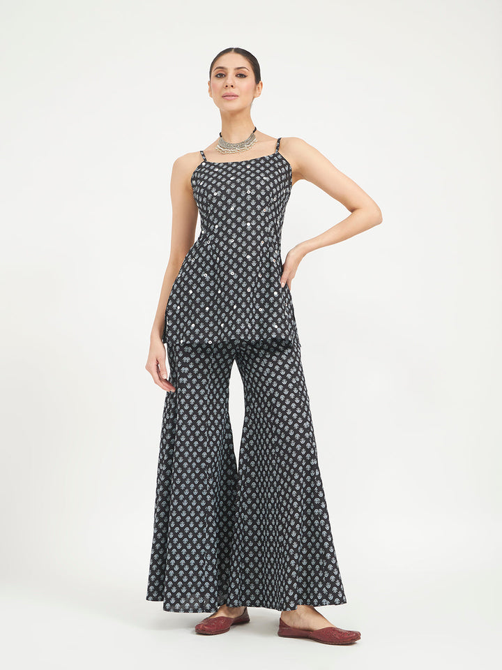 Black Floral Printed Pure Cotton Kurta with Palazzo