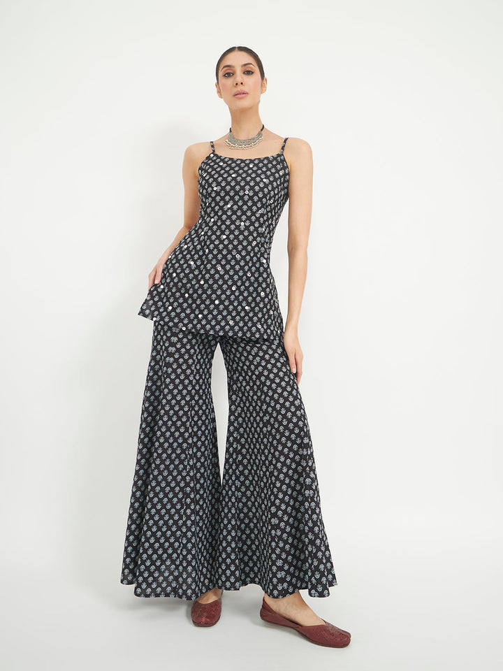 Black Floral Printed Pure Cotton Kurta with Palazzo