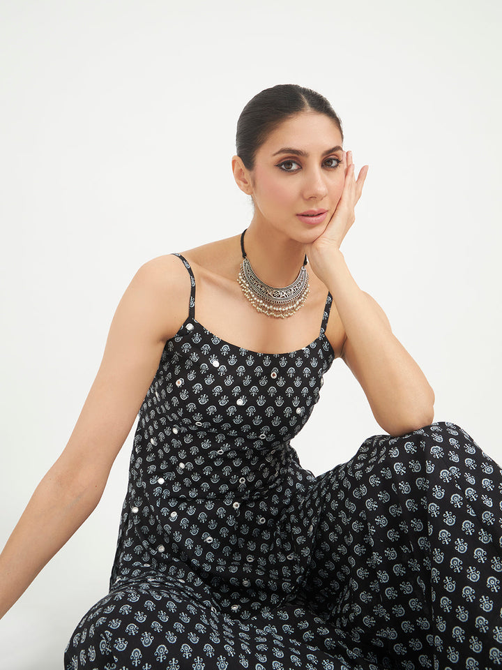 Black Floral Printed Pure Cotton Kurta with Palazzo