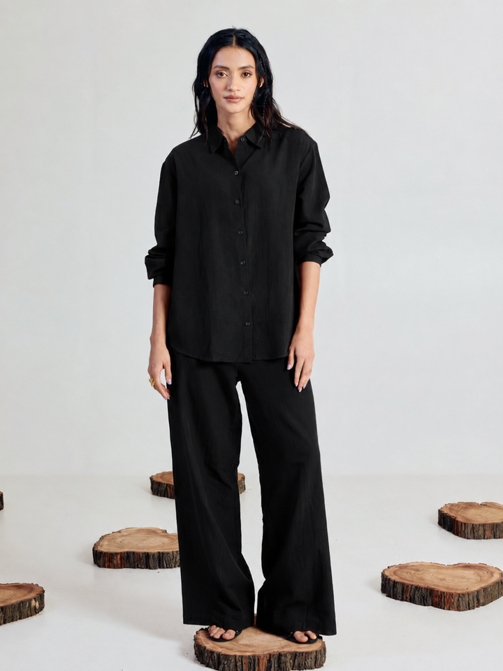Black Linen-Blend Loose Relaxed Fit Co-Ord Set