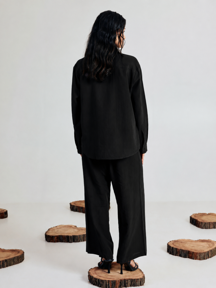 Black Linen-Blend Loose Relaxed Fit Co-Ord Set