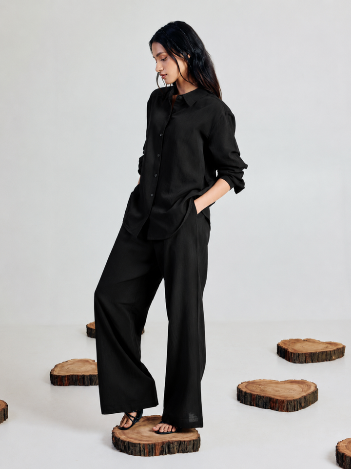 Black Linen-Blend Loose Relaxed Fit Co-Ord Set