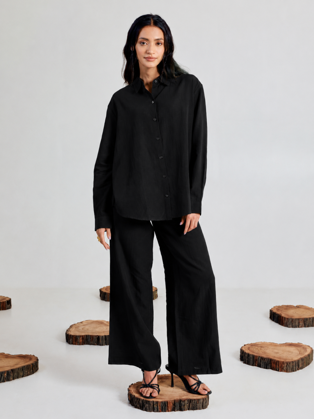 Black Linen-Blend Loose Relaxed Fit Co-Ord Set