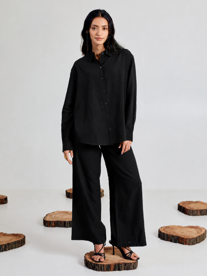 Black Linen-Blend Loose Relaxed Fit Co-Ord Set
