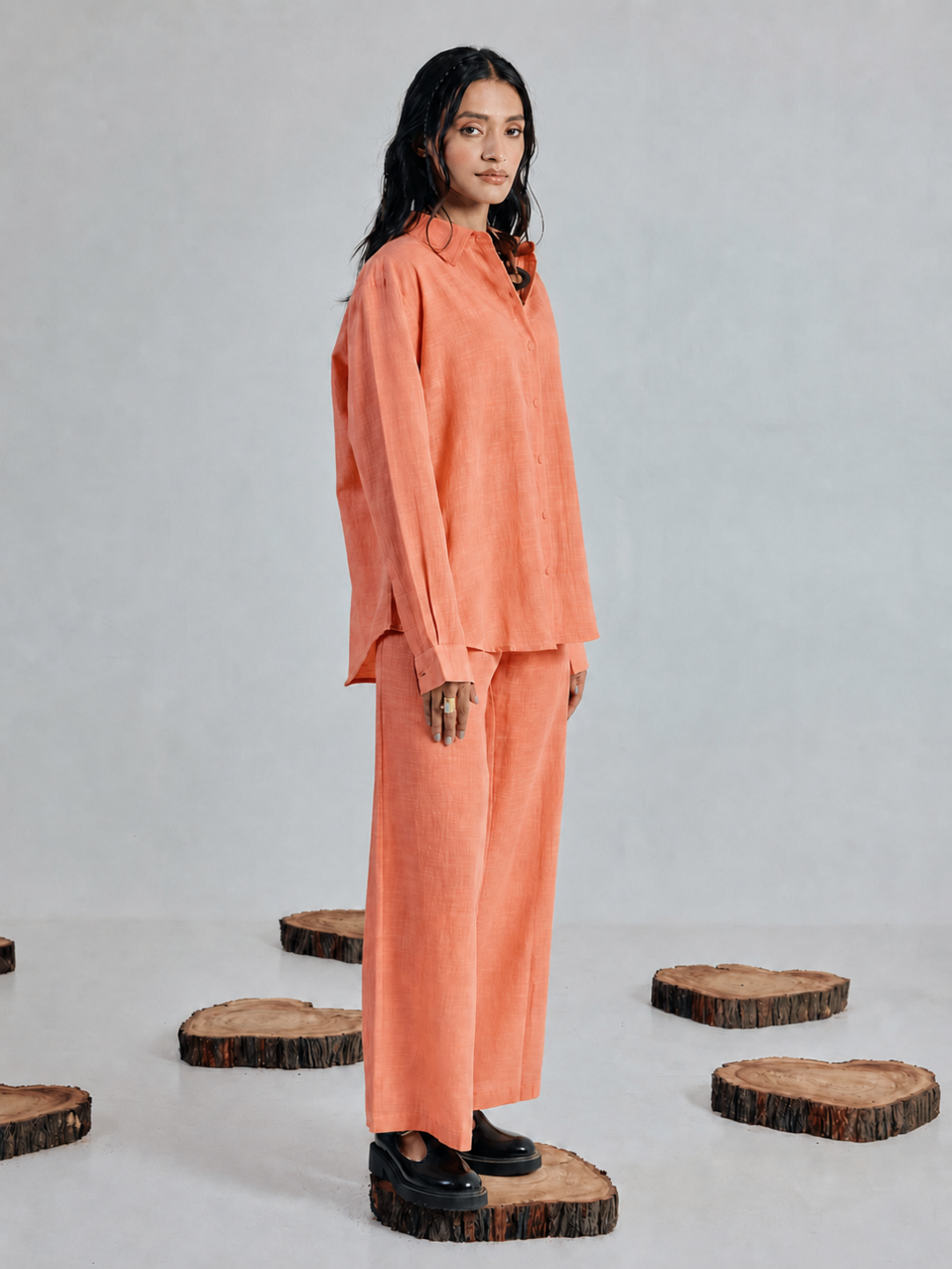 Orange Linen-Blend Loose Relaxed Fit Co-Ord Set