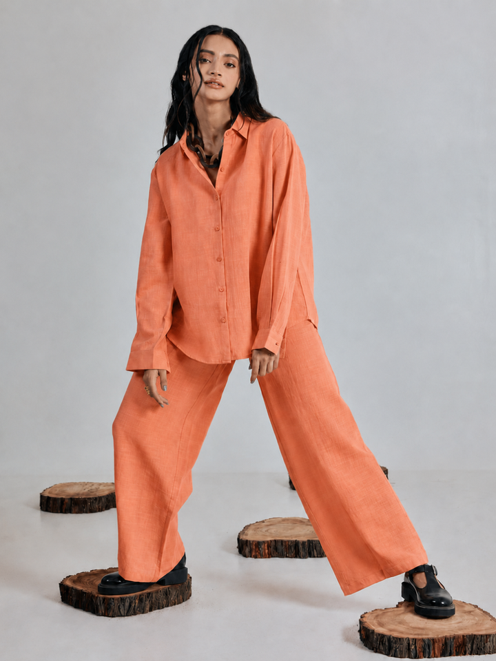 Orange Linen-Blend Loose Relaxed Fit Co-Ord Set