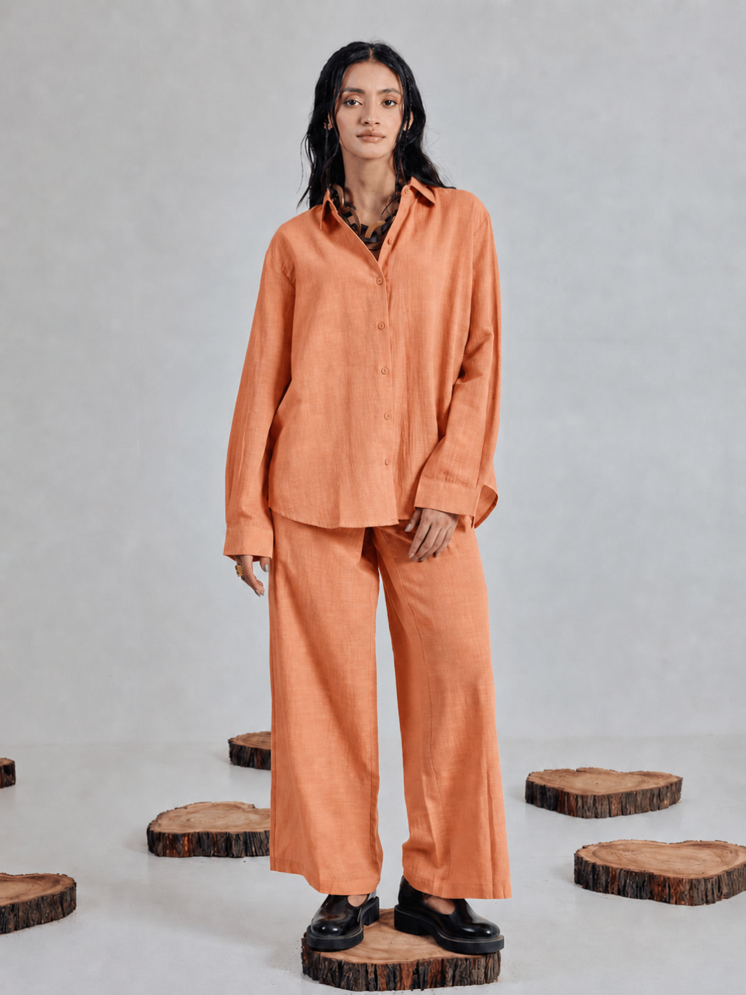 Orange Linen-Blend Loose Relaxed Fit Co-Ord Set