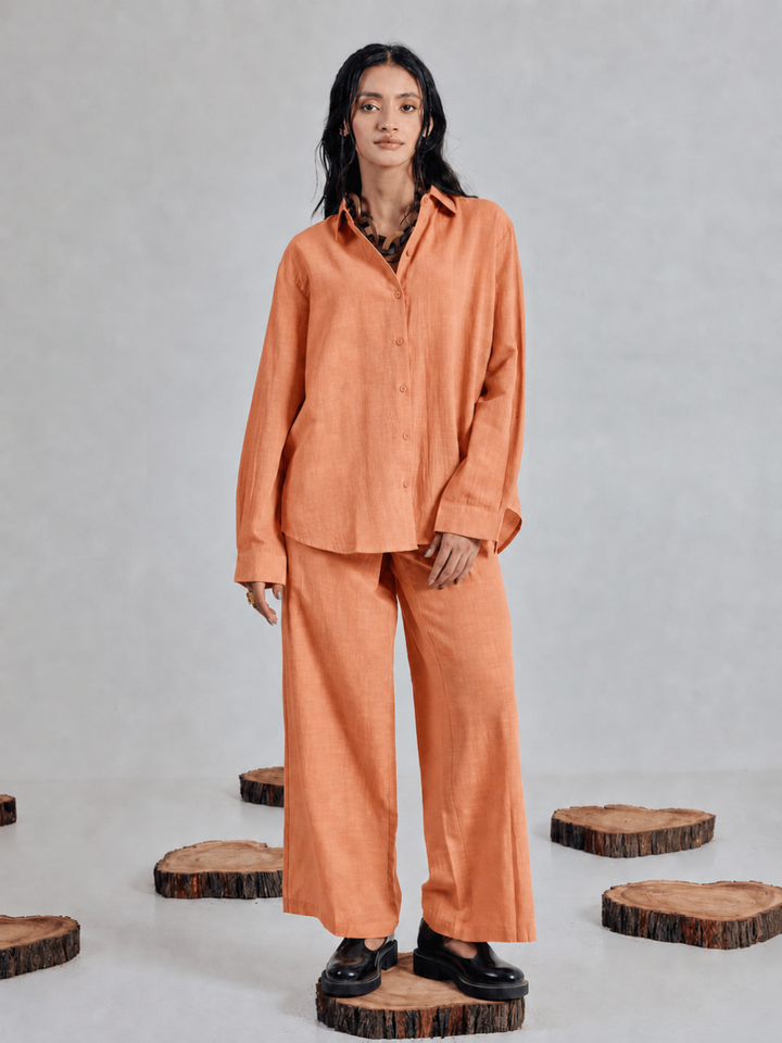 Orange Linen-Blend Loose Relaxed Fit Co-Ord Set