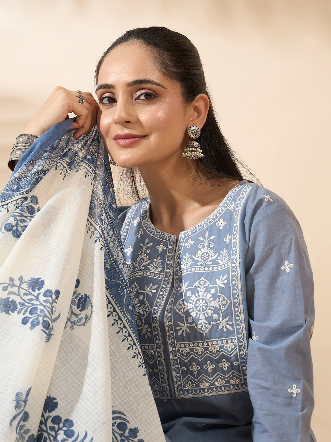Powder Blue Embroidered Pure Cotton Kurta Set with Dupatta
