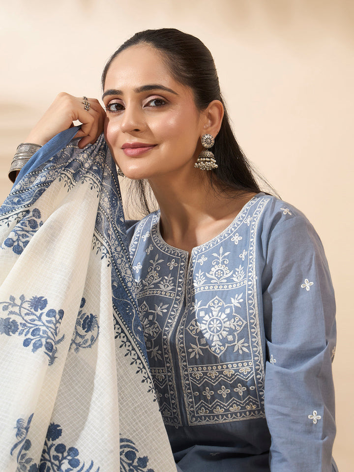 Powder Blue Embroidered Pure Cotton Kurta Set with Dupatta