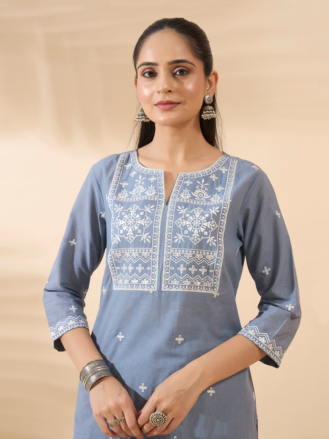 Powder Blue Embroidered Pure Cotton Kurta Set with Dupatta