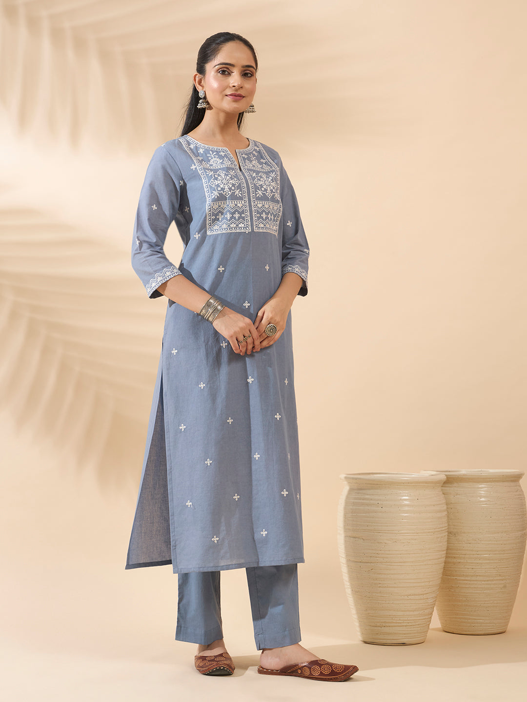 Powder Blue Embroidered Pure Cotton Kurta Set with Dupatta