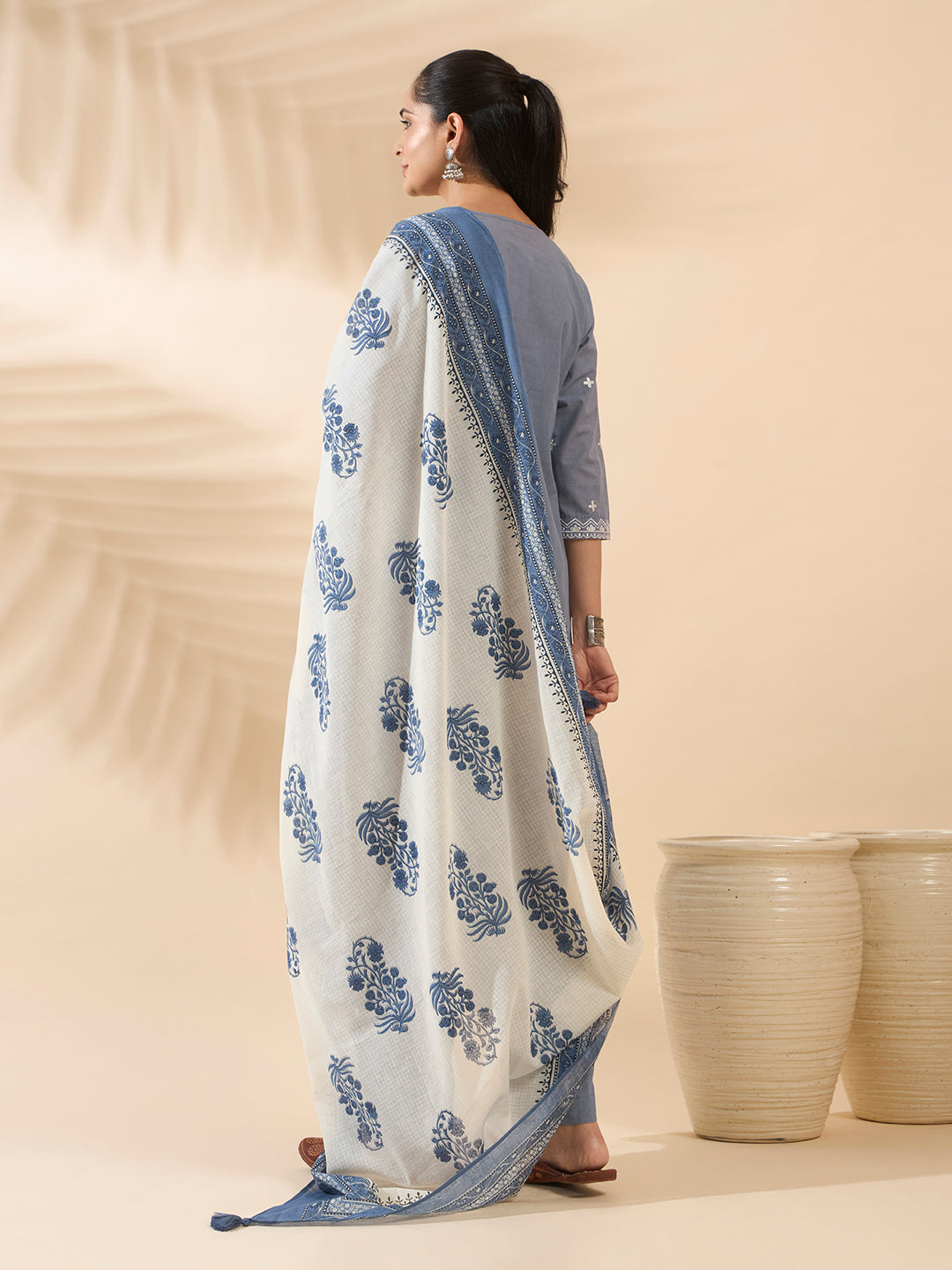 Powder Blue Embroidered Pure Cotton Kurta Set with Dupatta