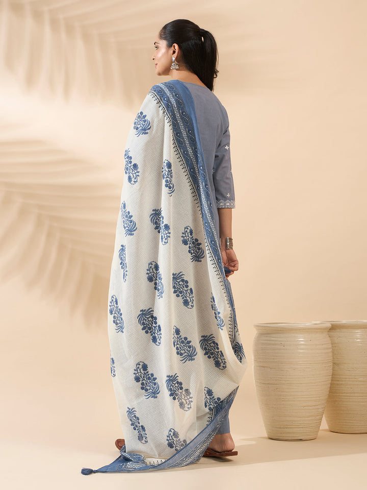 Powder Blue Embroidered Pure Cotton Kurta Set with Dupatta