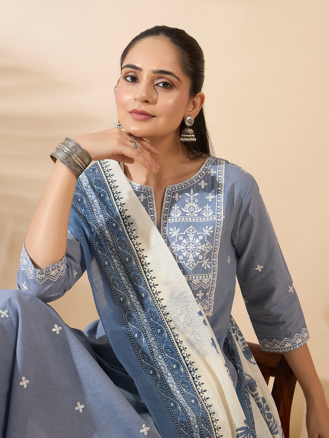 Powder Blue Embroidered Pure Cotton Kurta Set with Dupatta