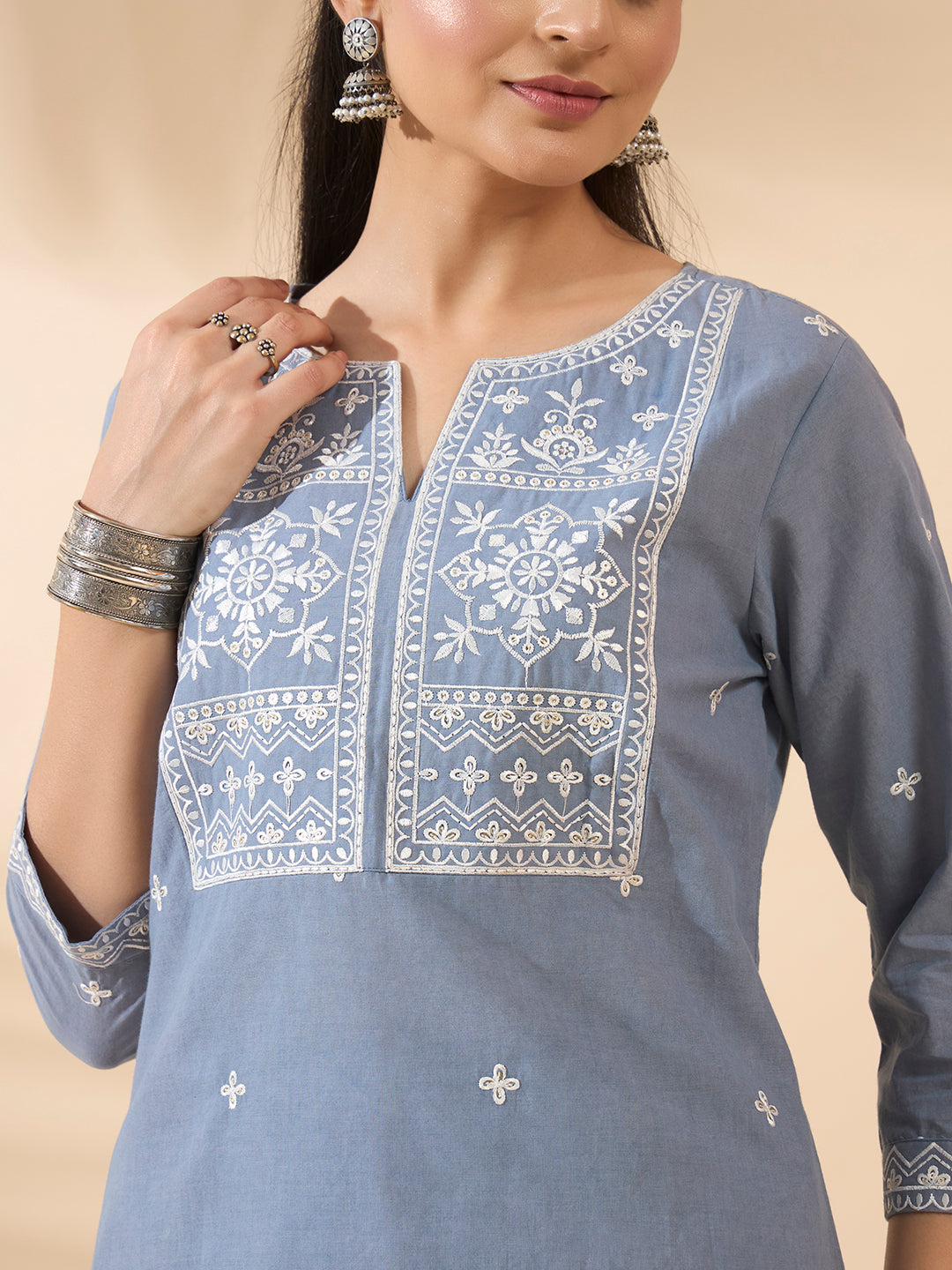 Powder Blue Embroidered Pure Cotton Kurta Set with Dupatta
