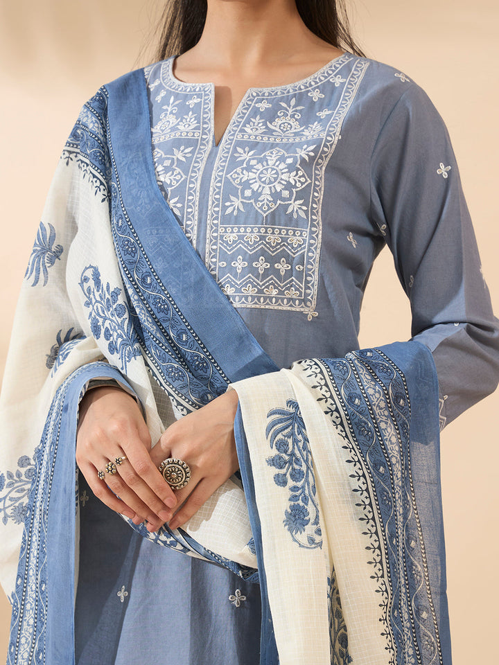 Powder Blue Embroidered Pure Cotton Kurta Set with Dupatta