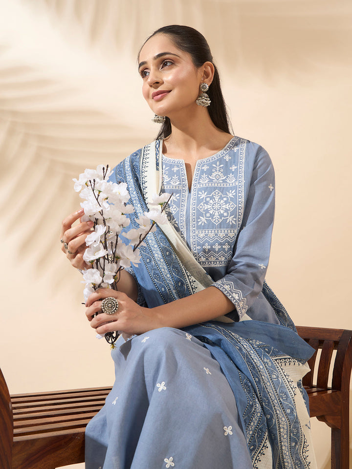 Powder Blue Embroidered Pure Cotton Kurta Set with Dupatta