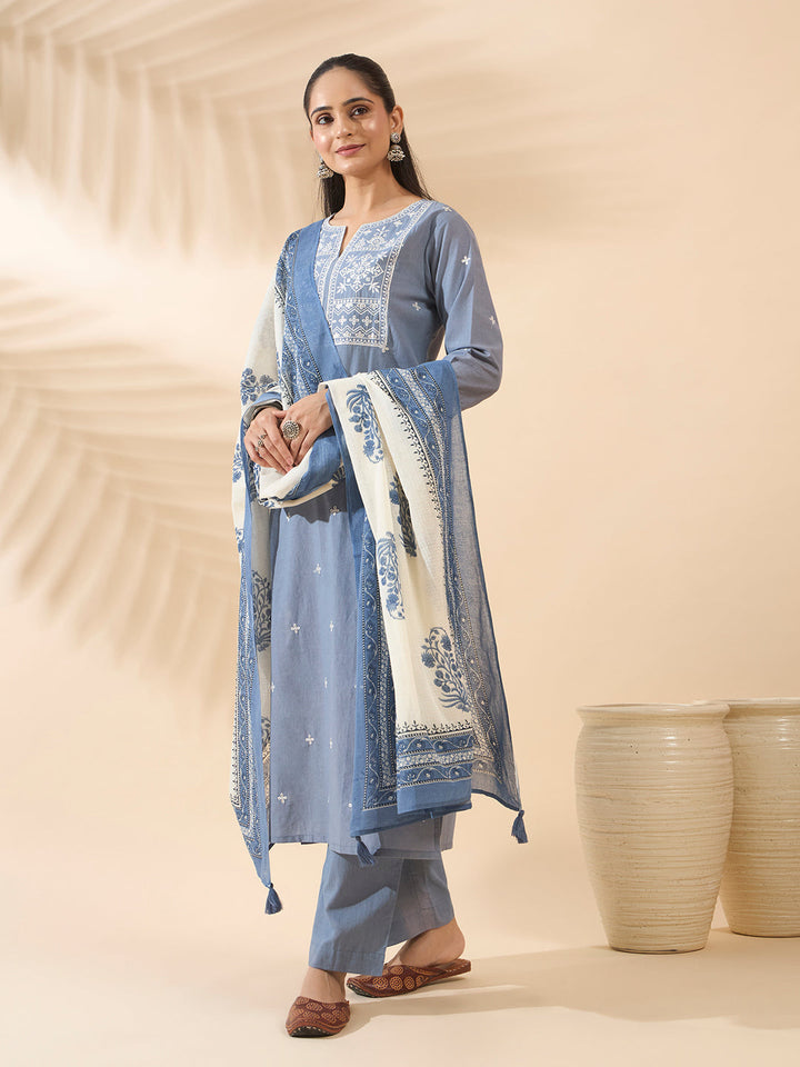 Powder Blue Embroidered Pure Cotton Kurta Set with Dupatta
