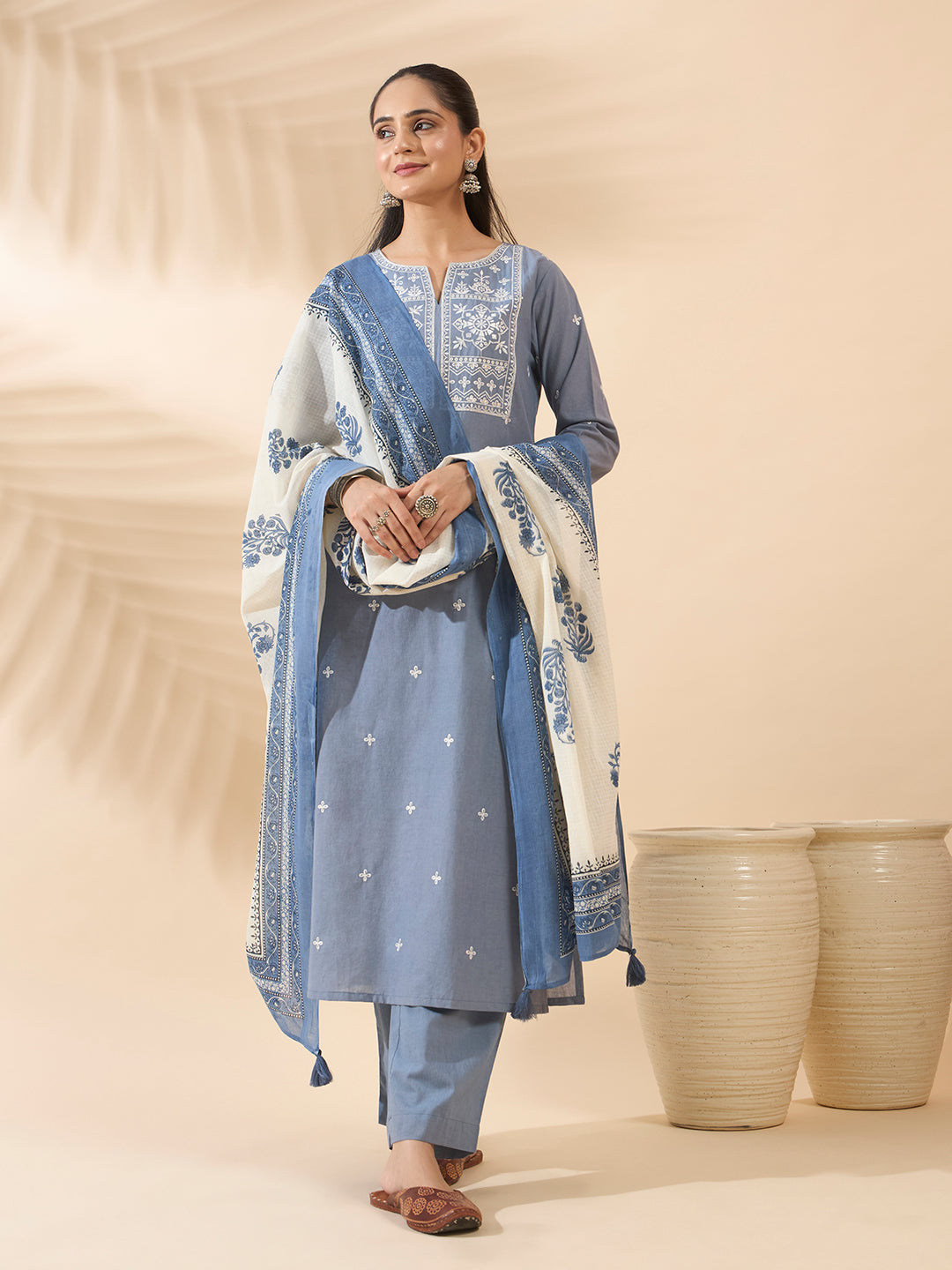 Powder Blue Embroidered Pure Cotton Kurta Set with Dupatta