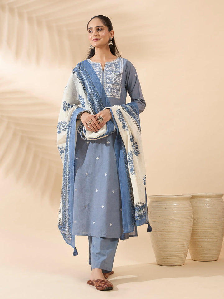 Powder Blue Embroidered Pure Cotton Kurta Set with Dupatta