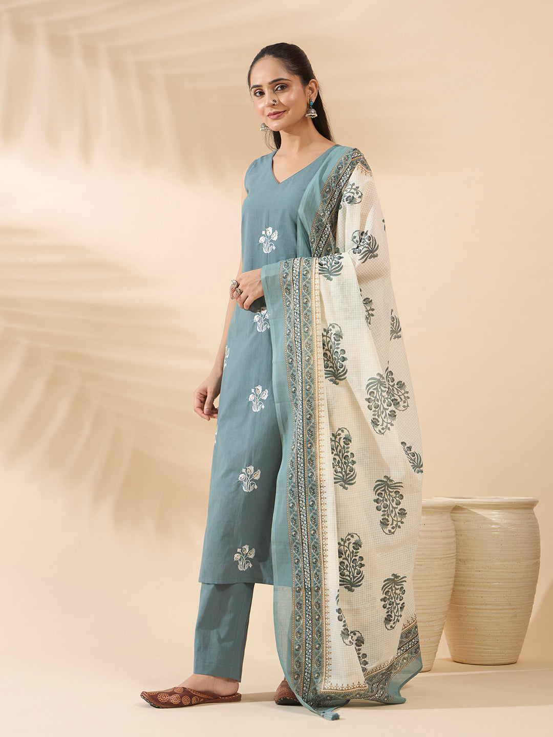 Sea Green Embroidered Pure Cotton Kurta Set with Dupatta