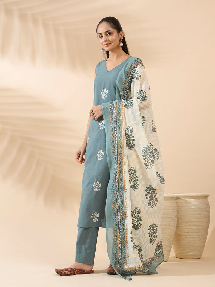 Sea Green Embroidered Pure Cotton Kurta Set with Dupatta