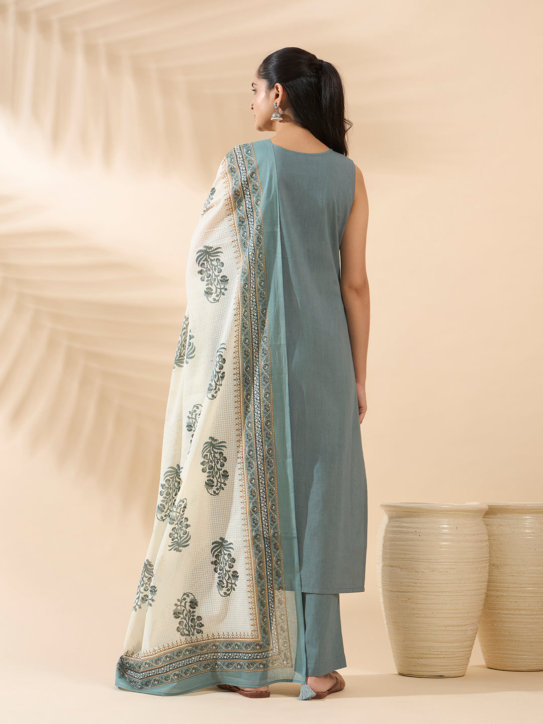 Sea Green Embroidered Pure Cotton Kurta Set with Dupatta