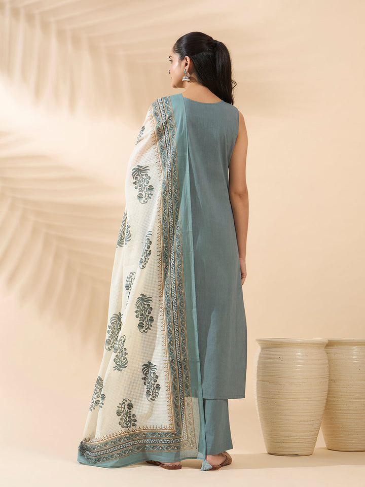 Sea Green Embroidered Pure Cotton Kurta Set with Dupatta