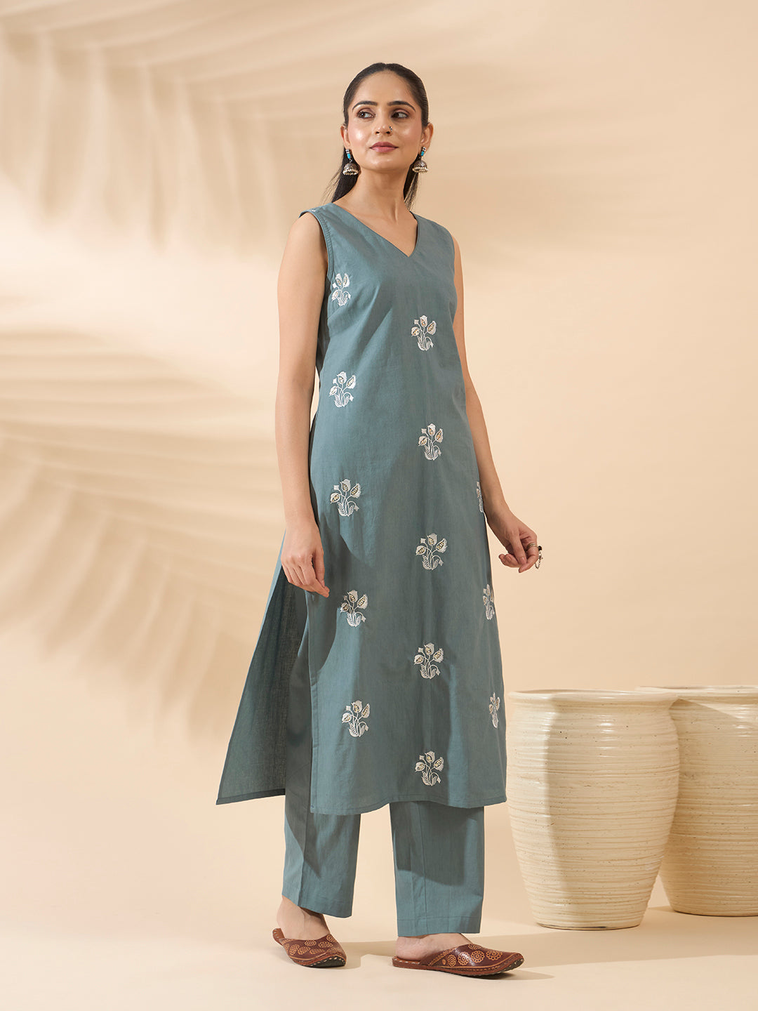 Sea Green Embroidered Pure Cotton Kurta Set with Dupatta