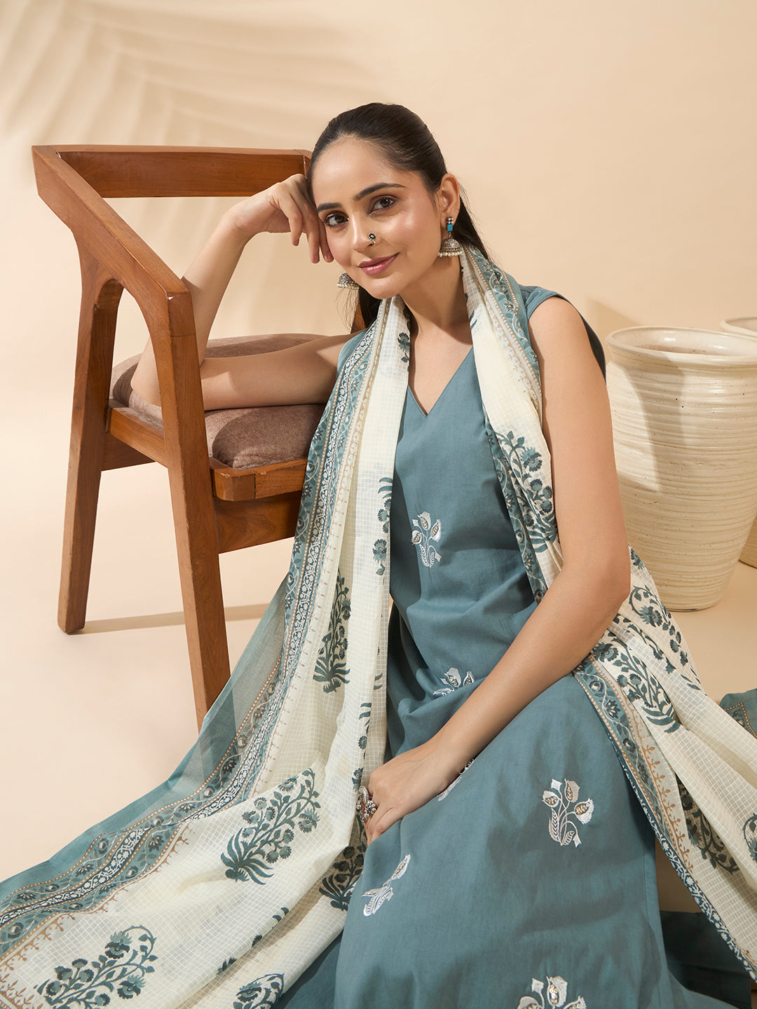 Sea Green Embroidered Pure Cotton Kurta Set with Dupatta
