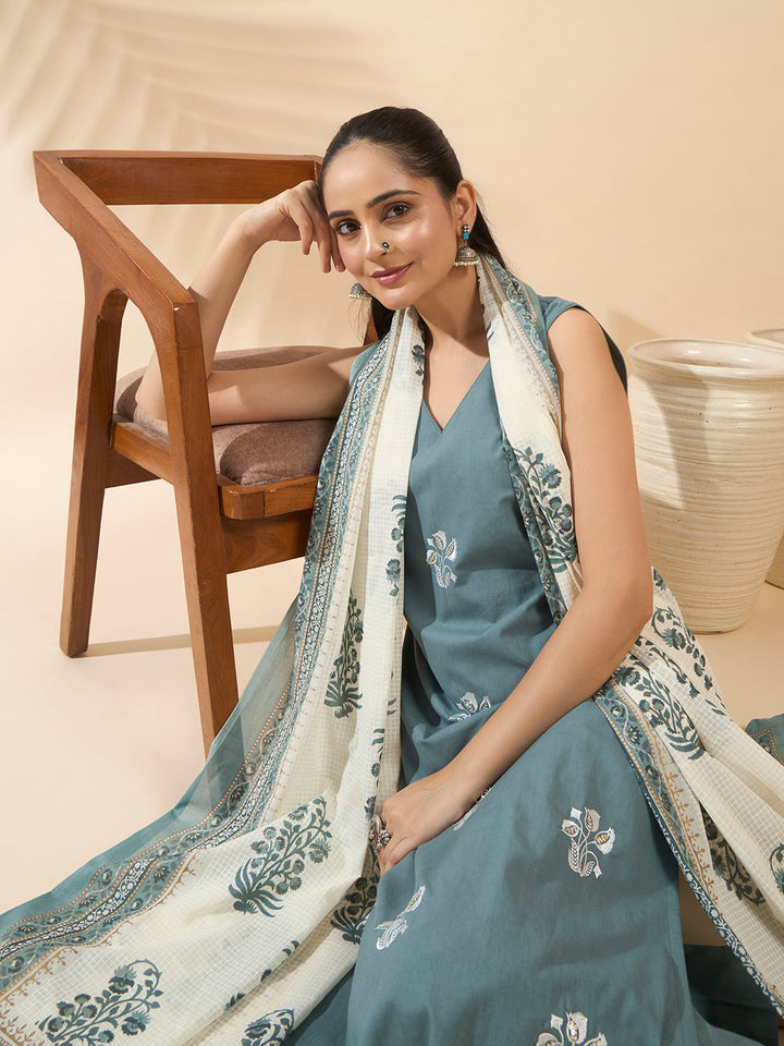 Sea Green Embroidered Pure Cotton Kurta Set with Dupatta