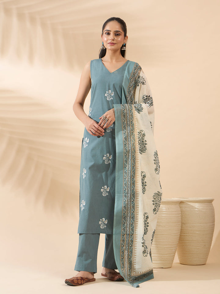 Sea Green Embroidered Pure Cotton Kurta Set with Dupatta