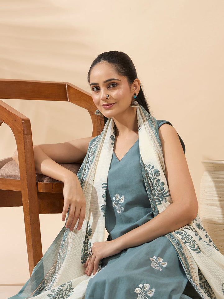 Powder Blue Embroidered Pure Cotton Kurta Set with Dupatta