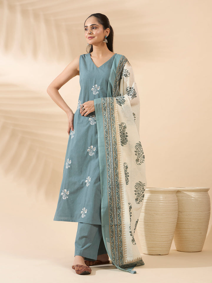 Sea Green Embroidered Pure Cotton Kurta Set with Dupatta