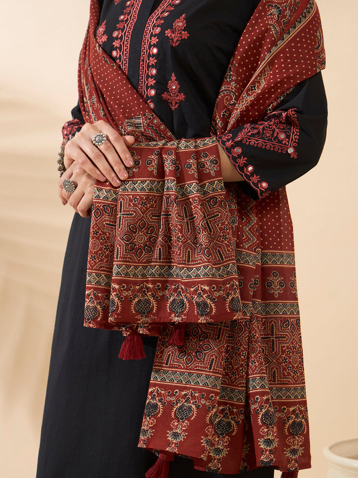 Black Embroidered Cotton Kurta Set with Dupatta