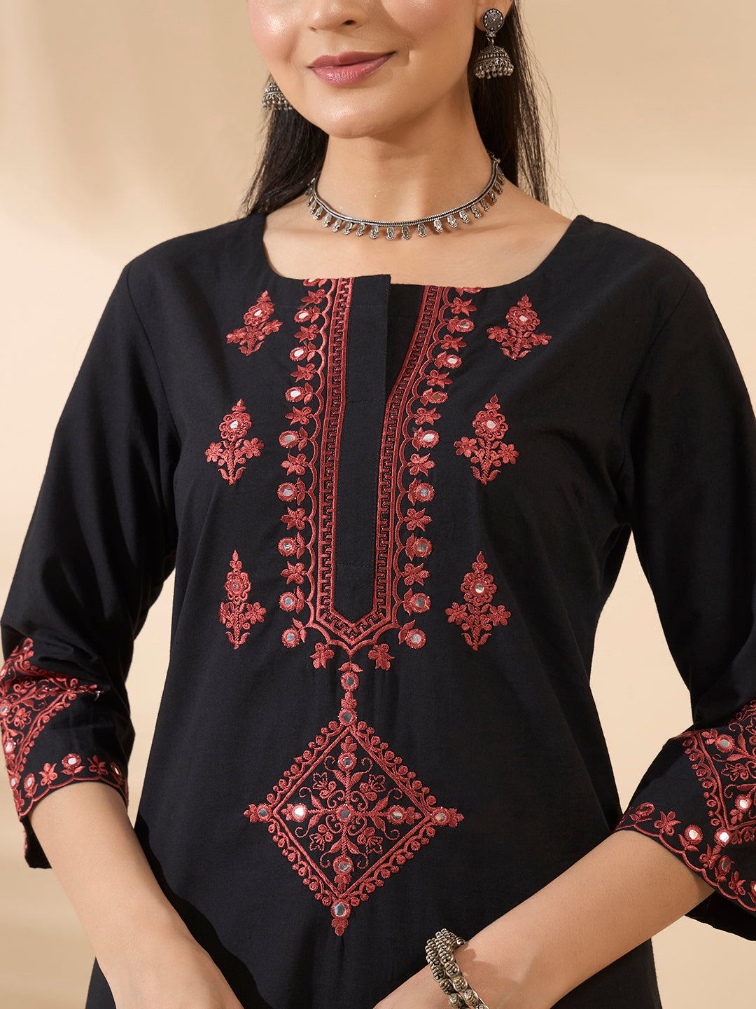 Black Embroidered Cotton Kurta Set with Dupatta