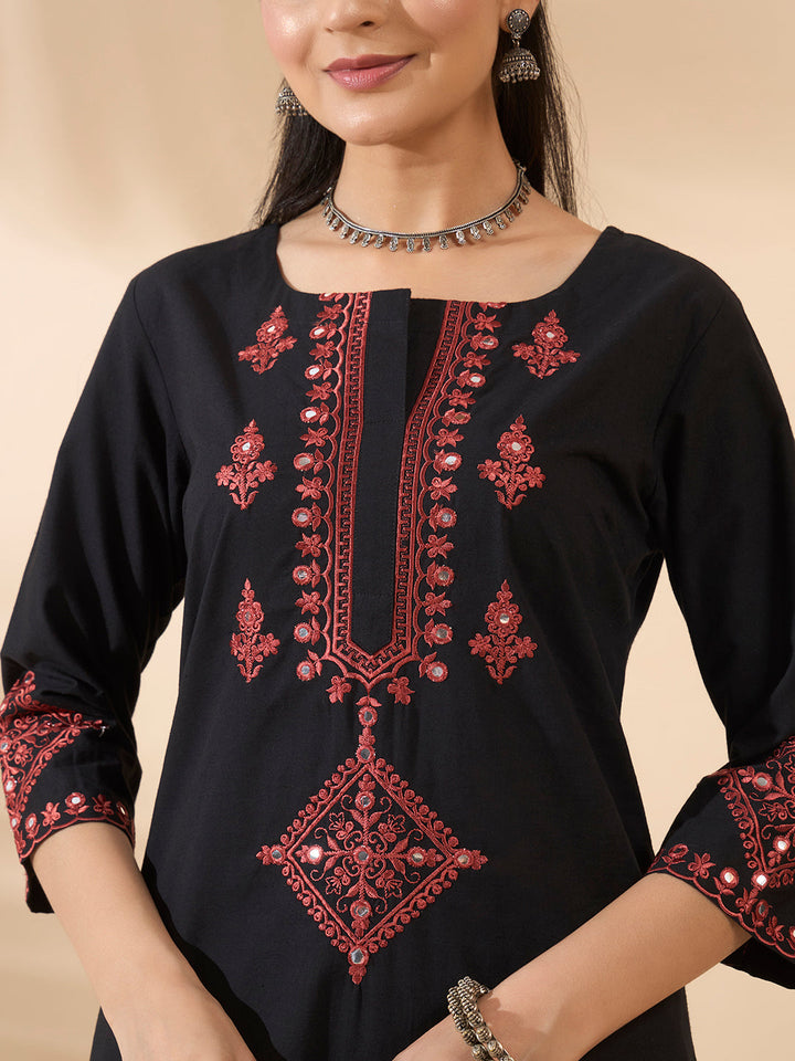 Black Embroidered Cotton Kurta Set with Dupatta