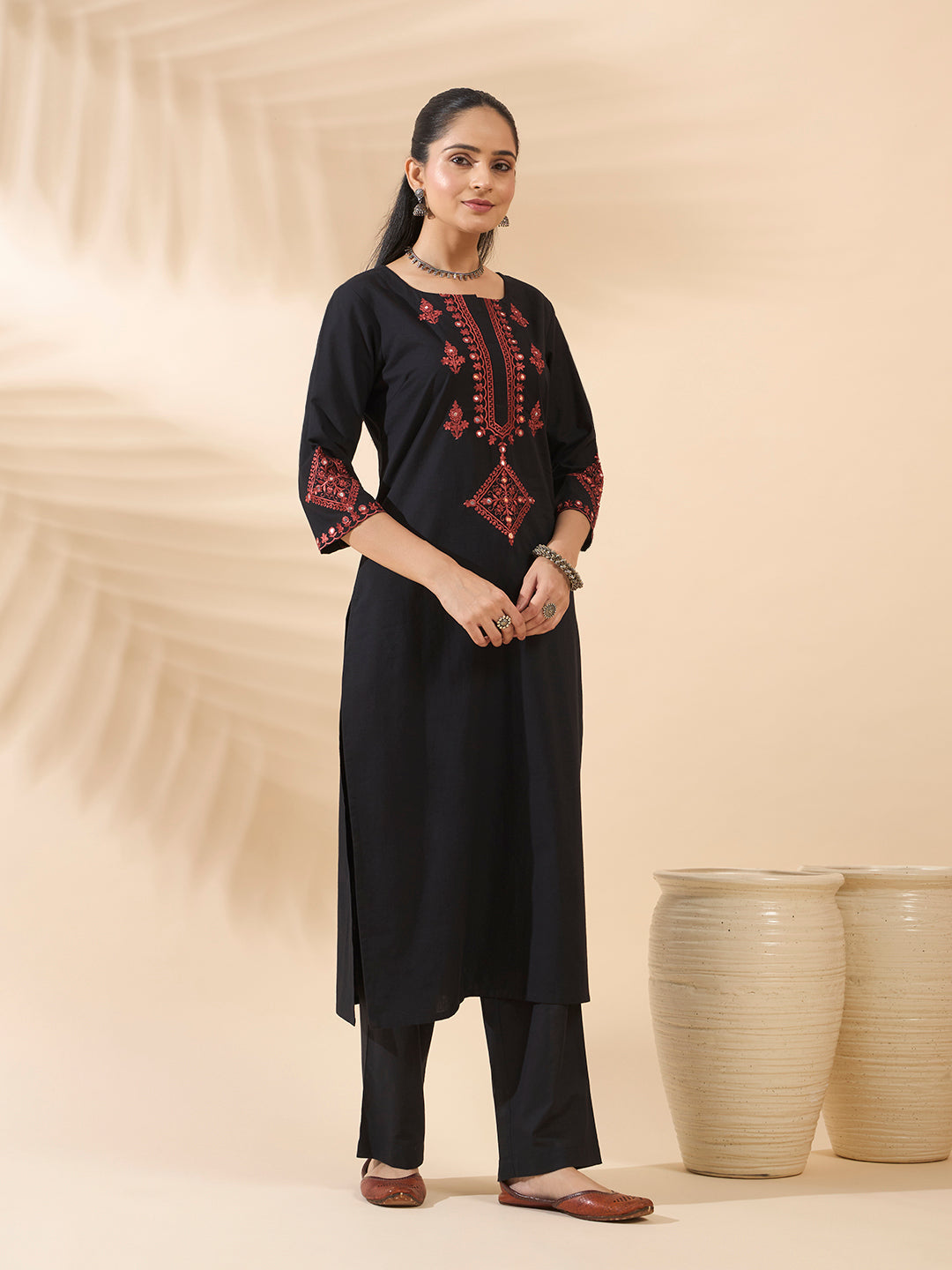 Black Embroidered Cotton Kurta Set with Dupatta