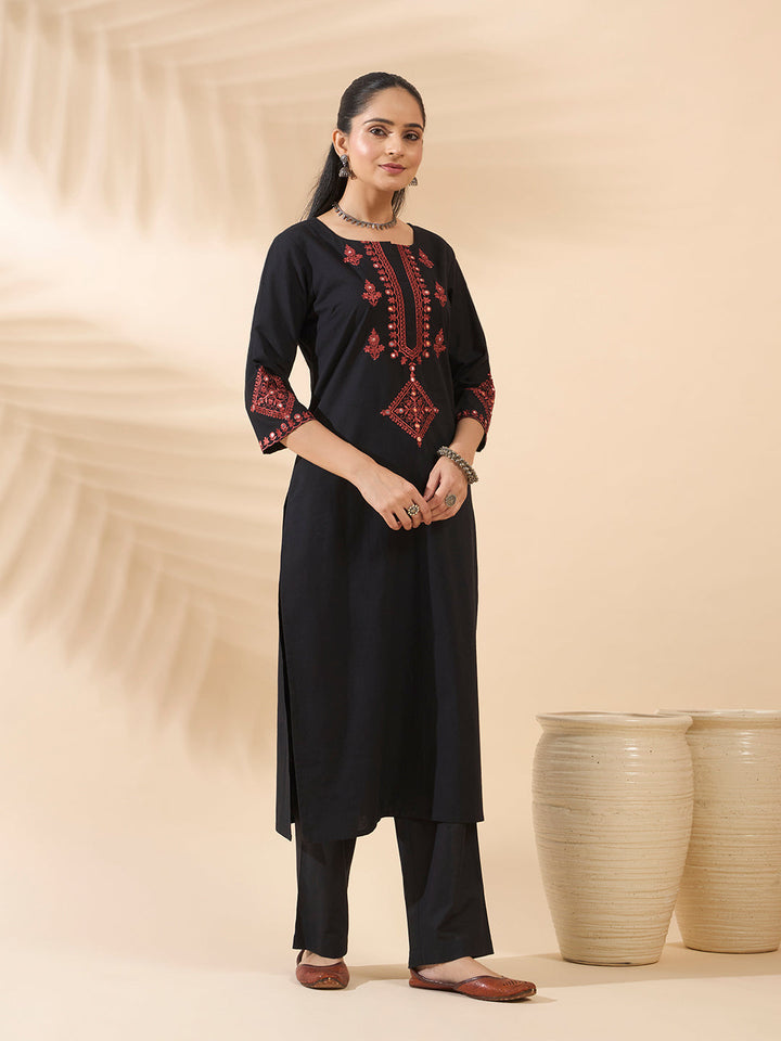 Black Embroidered Cotton Kurta Set with Dupatta