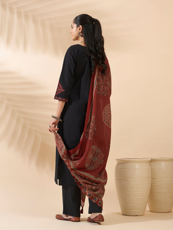 Black Embroidered Cotton Kurta Set with Dupatta