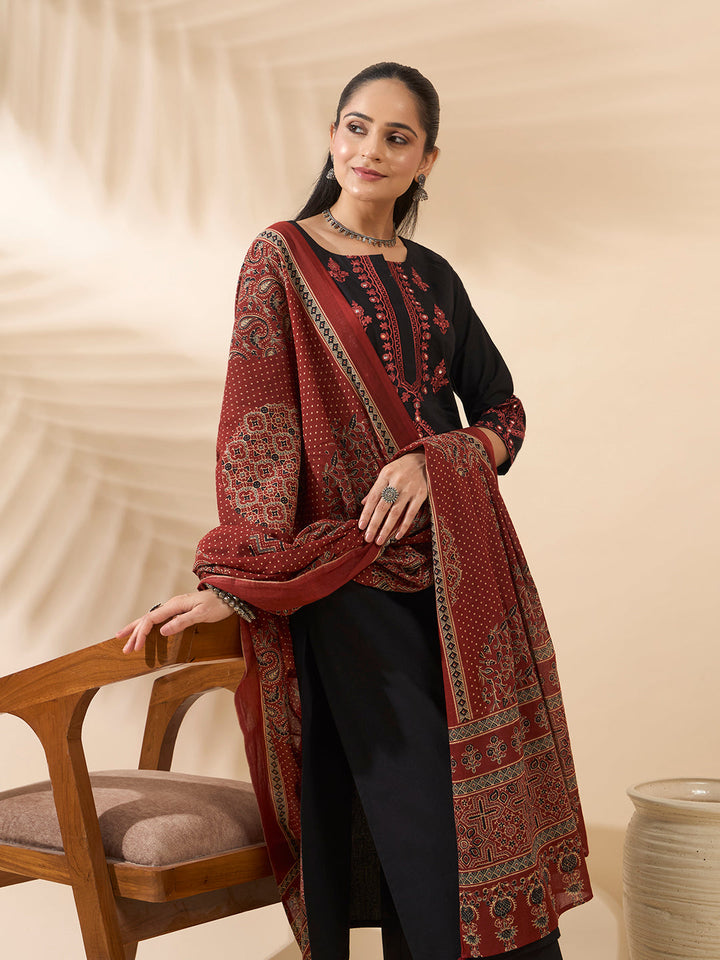 Black Embroidered Cotton Kurta Set with Dupatta