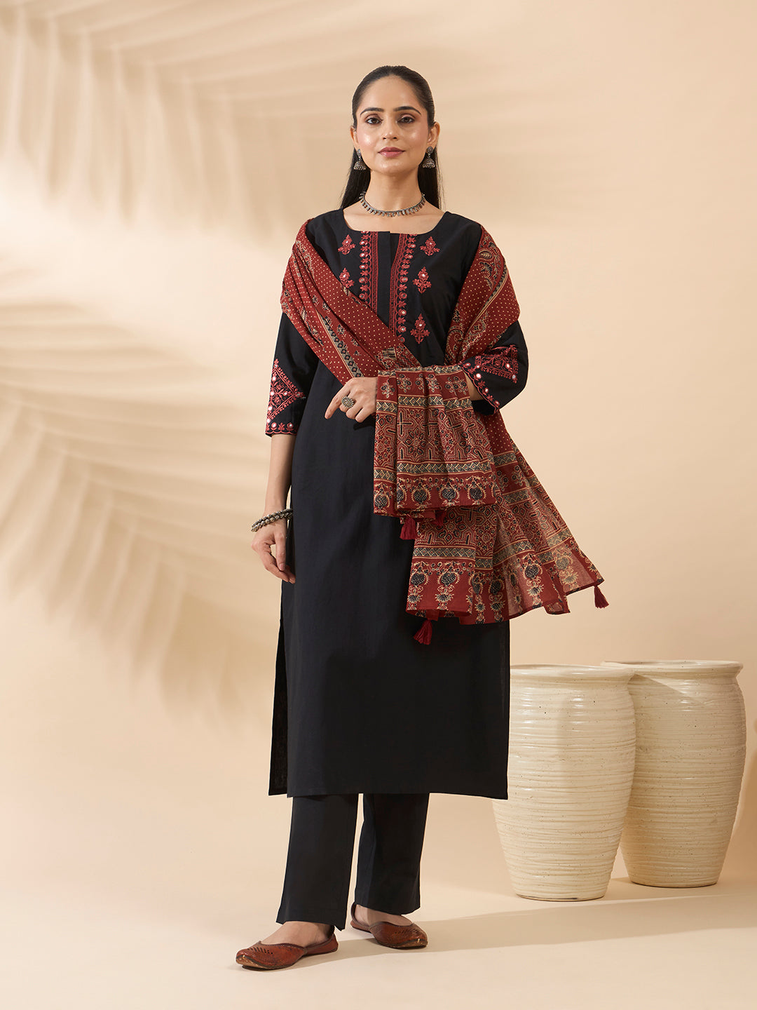 Black Embroidered Cotton Kurta Set with Dupatta