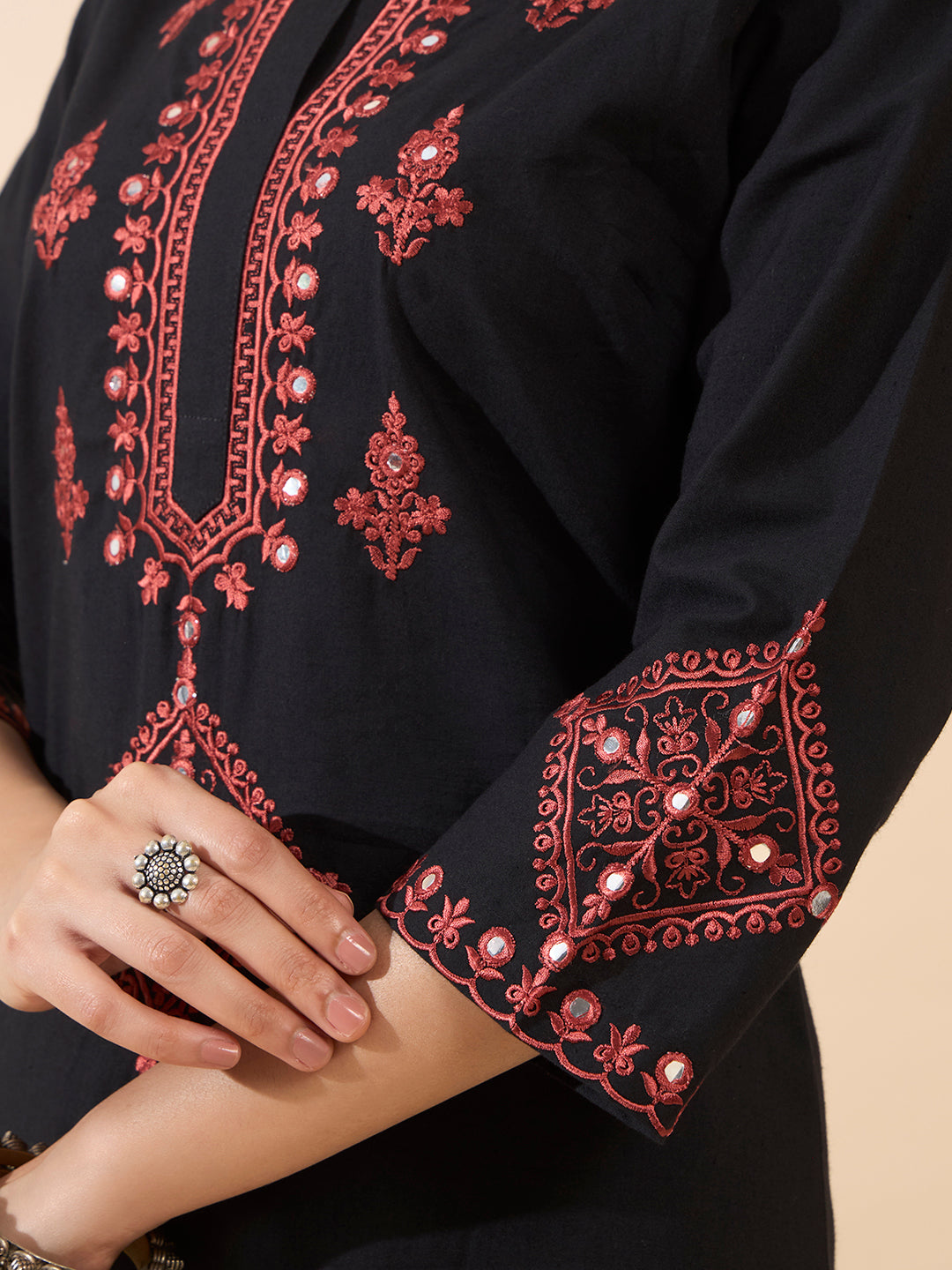 Black Embroidered Cotton Kurta Set with Dupatta